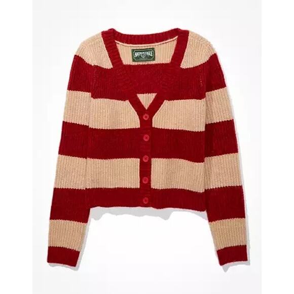 American Eagle Red Cream Rugby Stripe Button Cardigan Sweater XS Academia Preppy - Picture 2 of 9